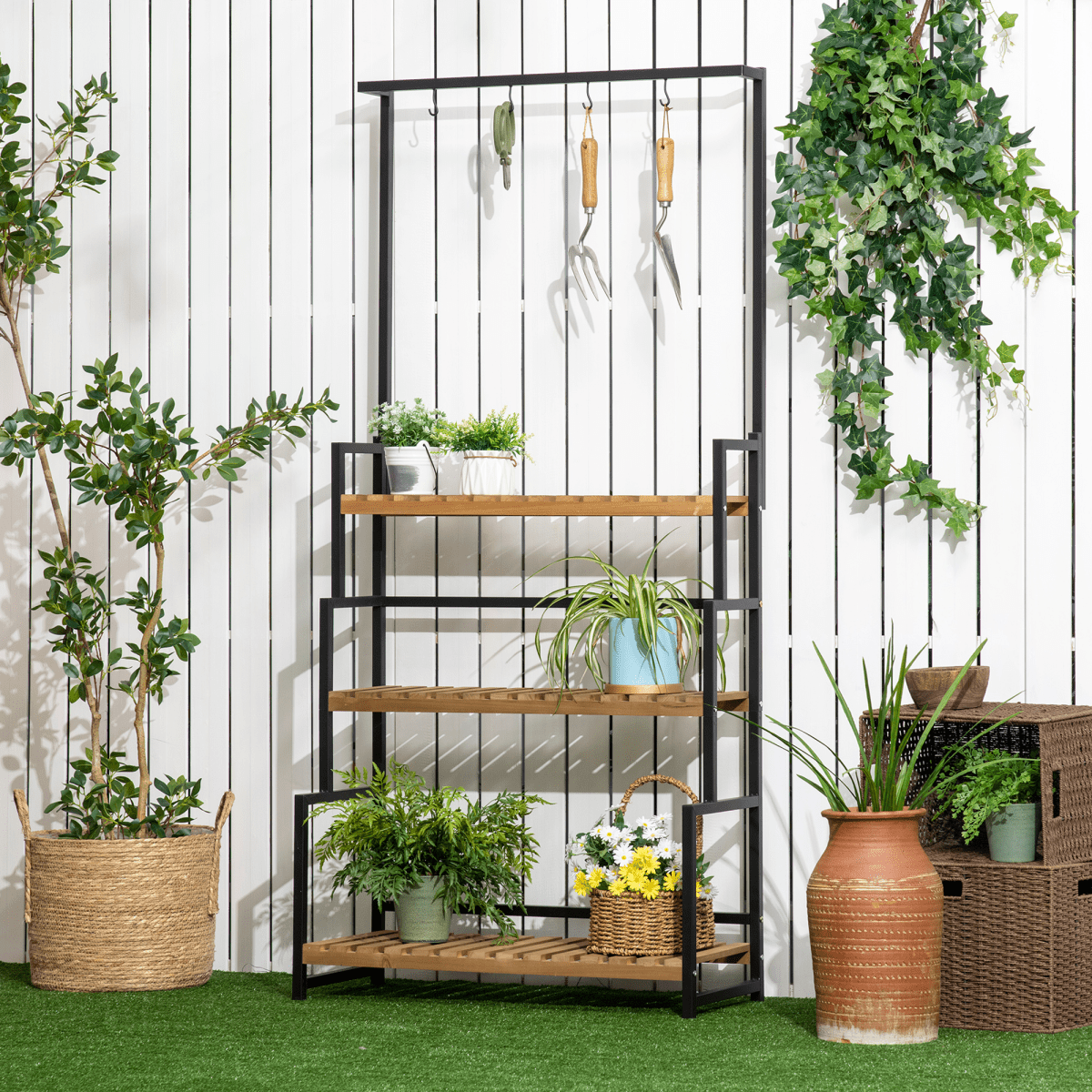 3 Tiered Plant Stand Rack with Hanging Hooks for Indoor Outdoor Decoration - plants - express.com