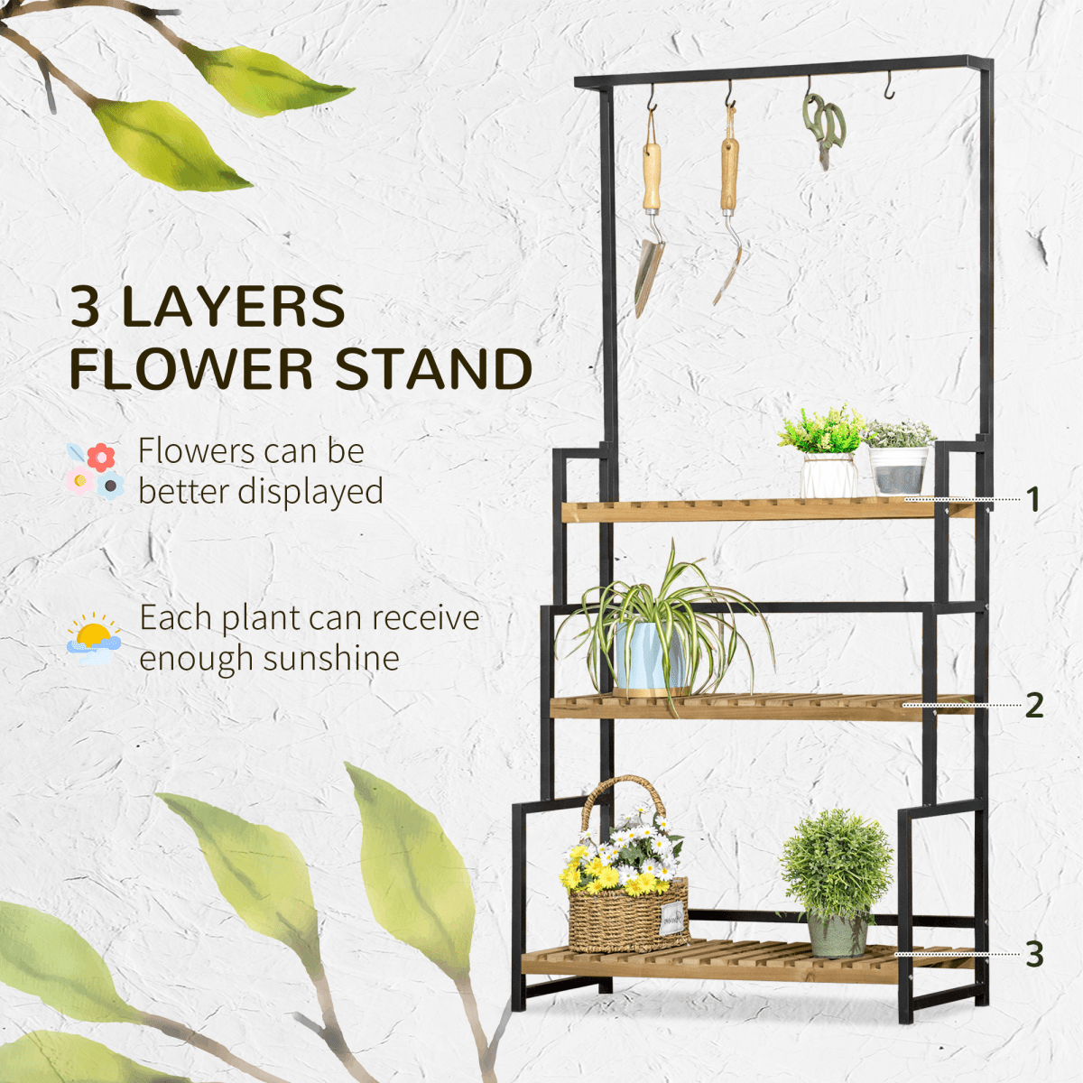 3 Tiered Plant Stand Rack with Hanging Hooks for Indoor Outdoor Decoration - plants - express.com