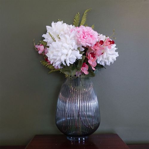 30cm Smoke Grey Ridged Glass Vase – Elegance in Every Curve. - plants - express.com