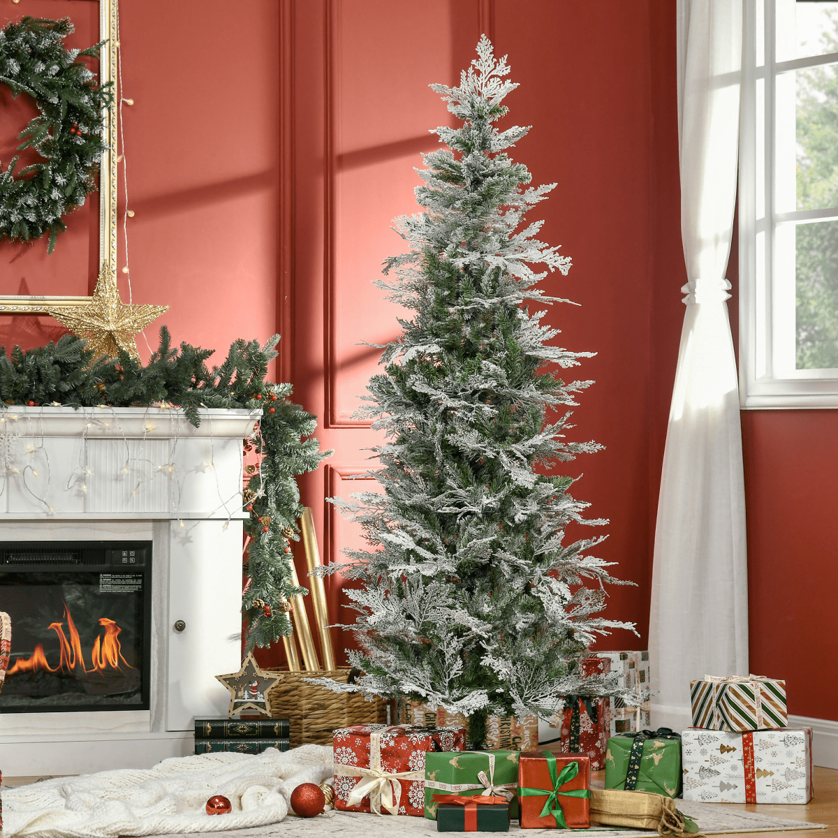 6 Foot Snow Flocked Artificial Christmas Tree Holiday with Pencil Shape HOMCOM - plants - express.com