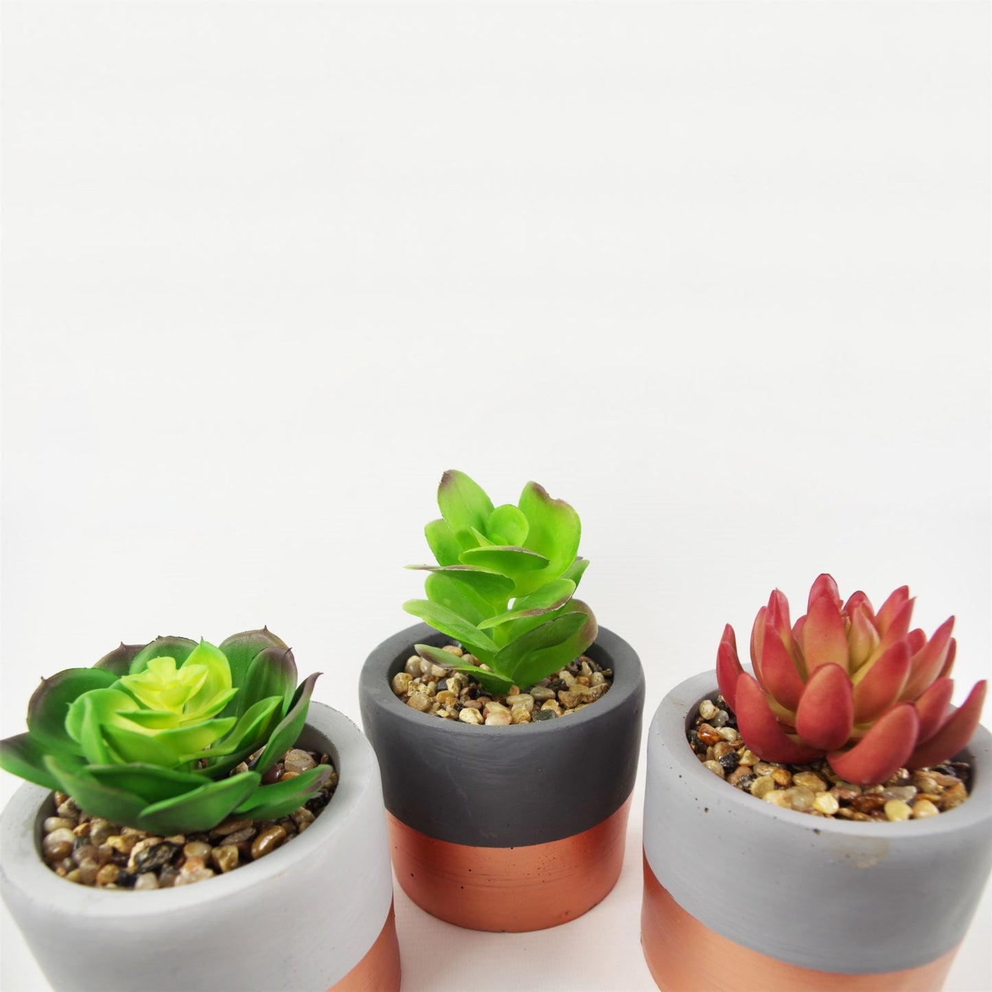 Chic 3 - Piece Stoneware Planter Set with Elegant Copper Bands & Faux Succulents - plants - express.com