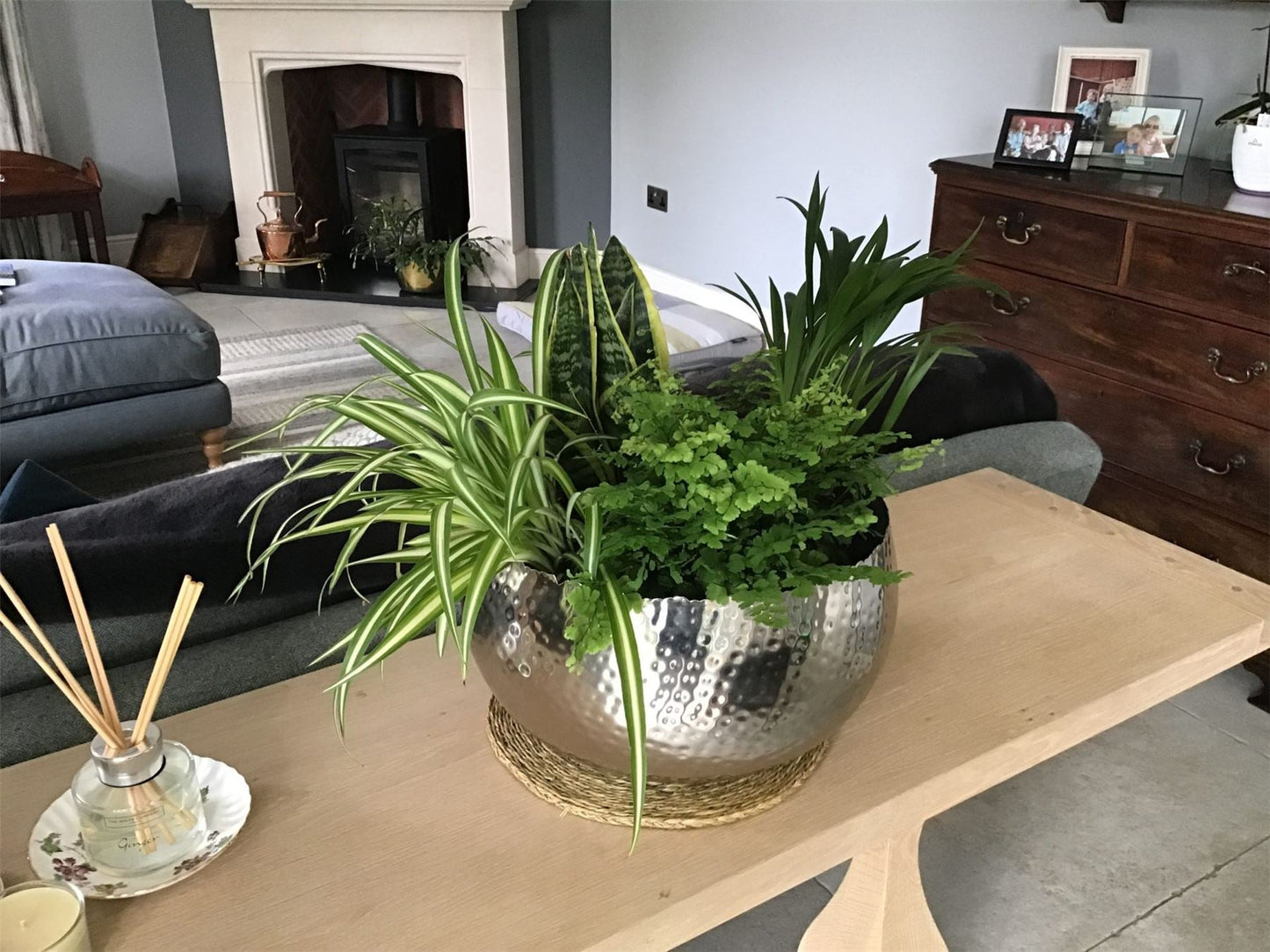 Curvy Edge Hammered Silver Large Metal Planter Bowl - 32x20cm Unique Design - plants - express.com