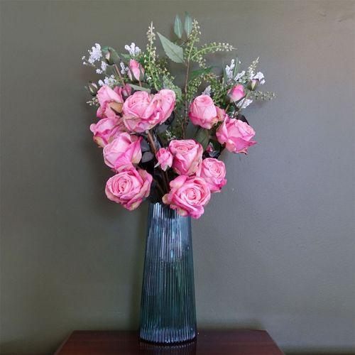 Elegant 28cm Hand - Finished Green Ridged Glass Vase for Stunning Floral Displays - plants - express.com