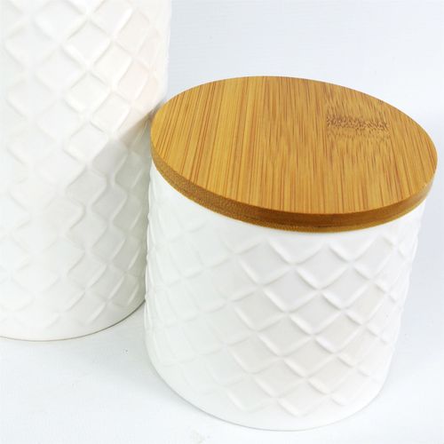 Elegant Duo: Embossed Cream Ceramic Canisters with Bamboo Lids - plants - express.com