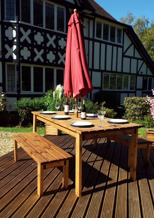 Elegant Solid Wood 6 - Seater Outdoor Dining Set with Space - Saving Benches - plants - express.com