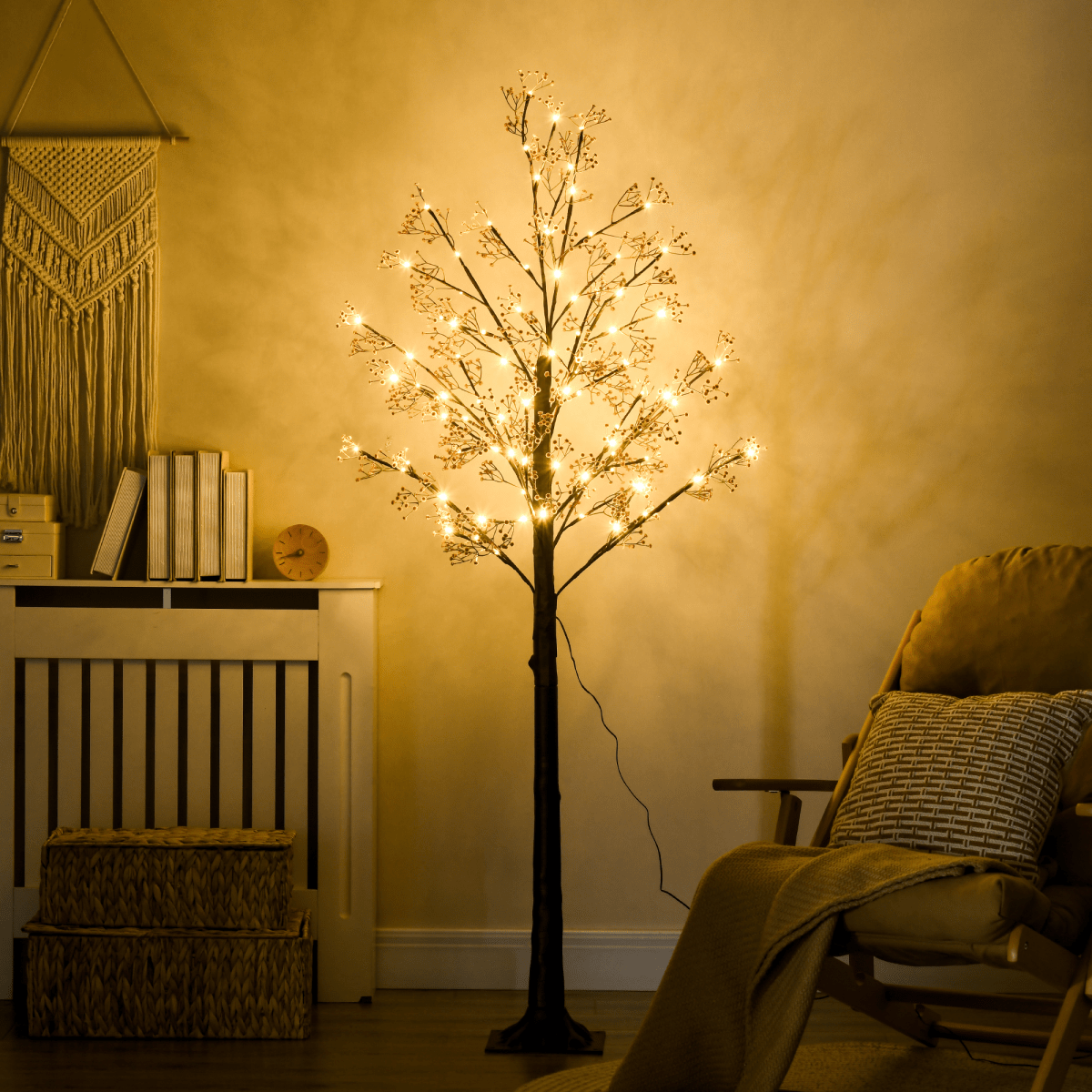 HOMCOM 6ft Artificial Tree with Warm White LED Lights, Baby Breath Flowers - plants - express.com