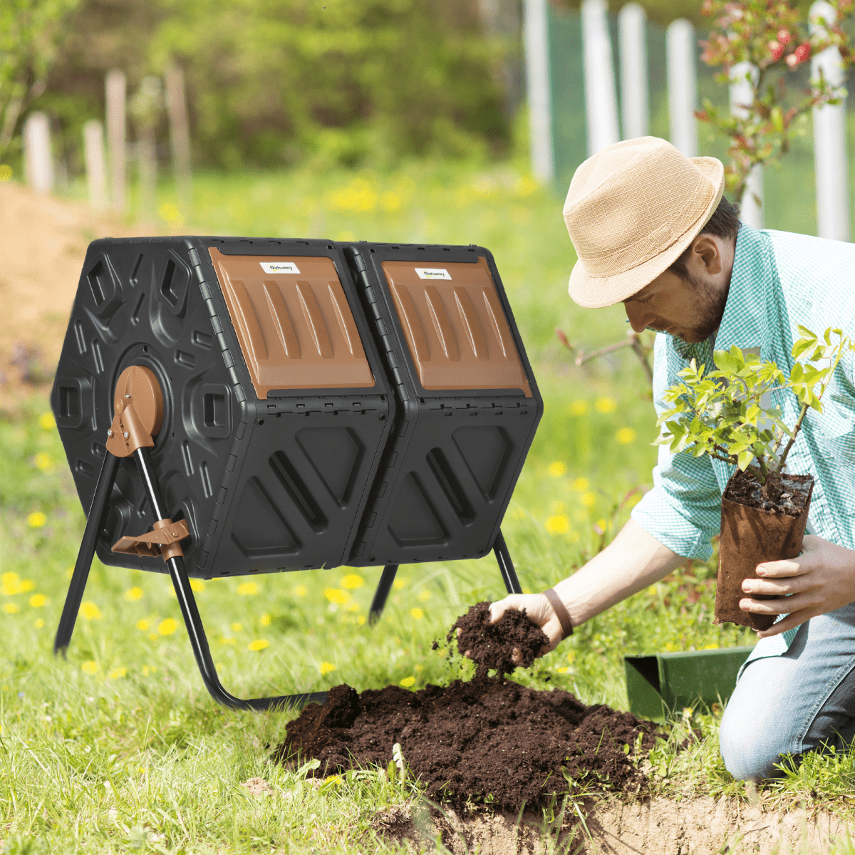 Outsunny 130L Compost Bin Dual Chamber Rotating Composter w/ Ventilation Holes - plants - express.com
