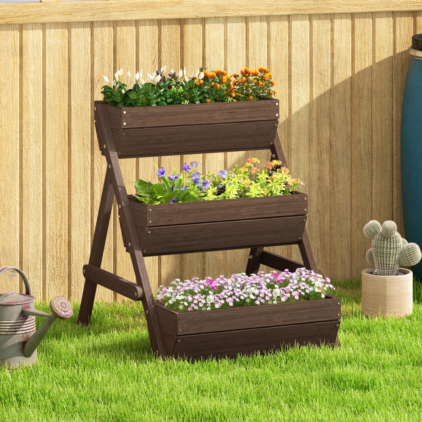 Outsunny 3 Tier Raised Garden Bed Wooden Elevated Planter Box Kit, Tan - plants - express.com