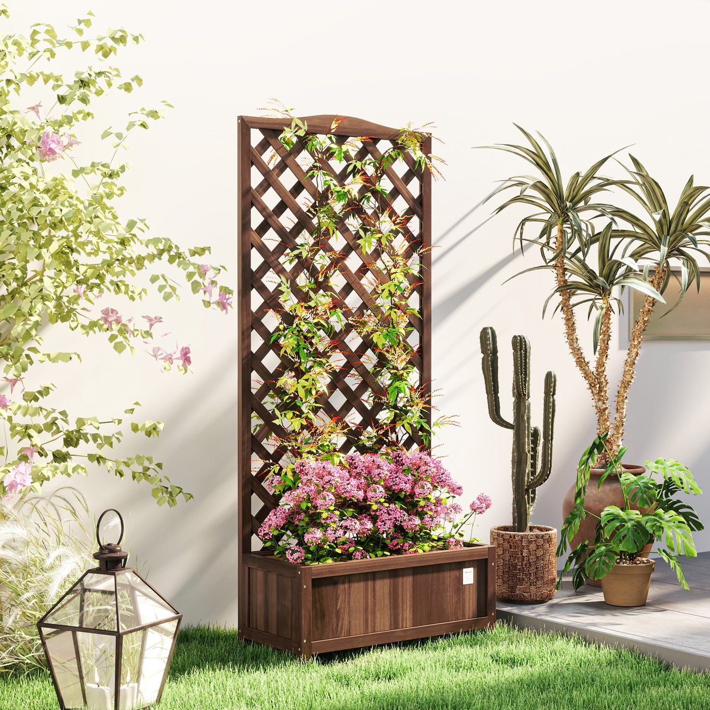 Outsunny Garden Wooden Planter Box with Trellis Flower Raised Bed Dark Brown - plants - express.com