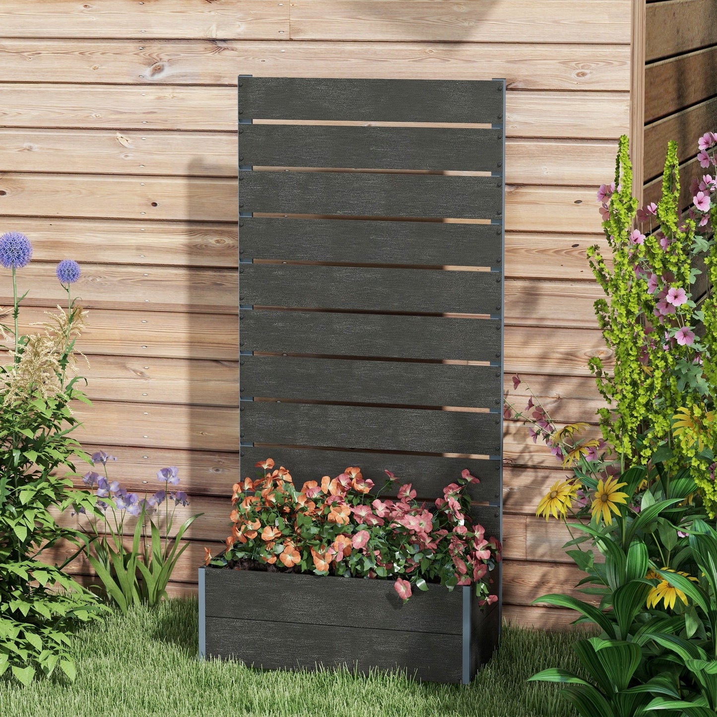 Outsunny Raised Garden Bed with Trellis and Drainage Hole, Planter Box Black - plants - express.com