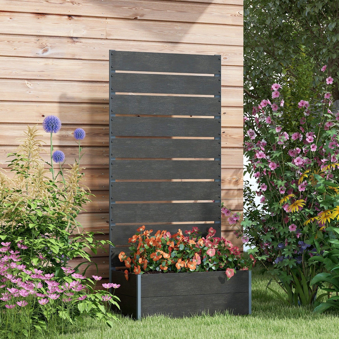 Outsunny Raised Garden Bed with Trellis and Drainage Hole, Planter Box Black - plants - express.com