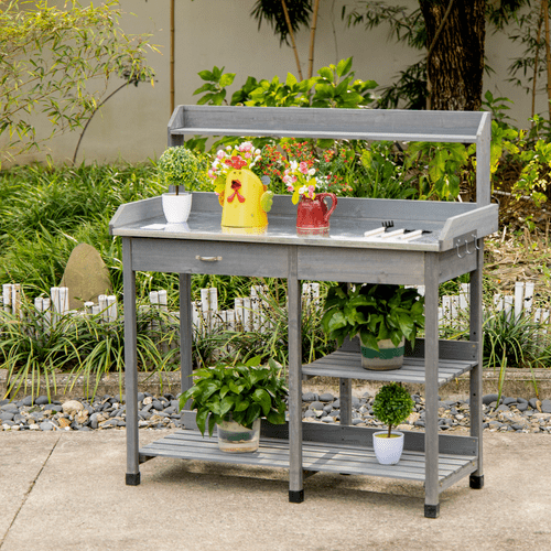Outsunny Rustic Garden Potting Bench with Galvanized Top & Storage Solutions - plants - express.com