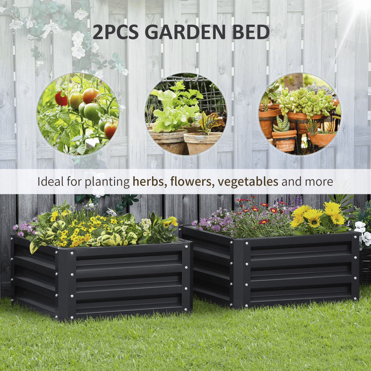 Outsunny Set of 2 Raised Garden Bed Galvanised Planter Box Easy Setup Grey - plants - express.com