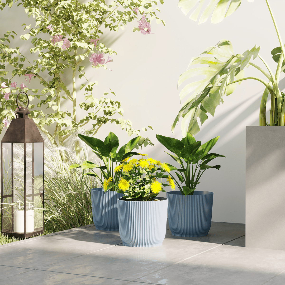 Outsunny Set of 3 Round Plant Pots Outdoor 22cm for Garden Decoration, Blue - plants - express.com