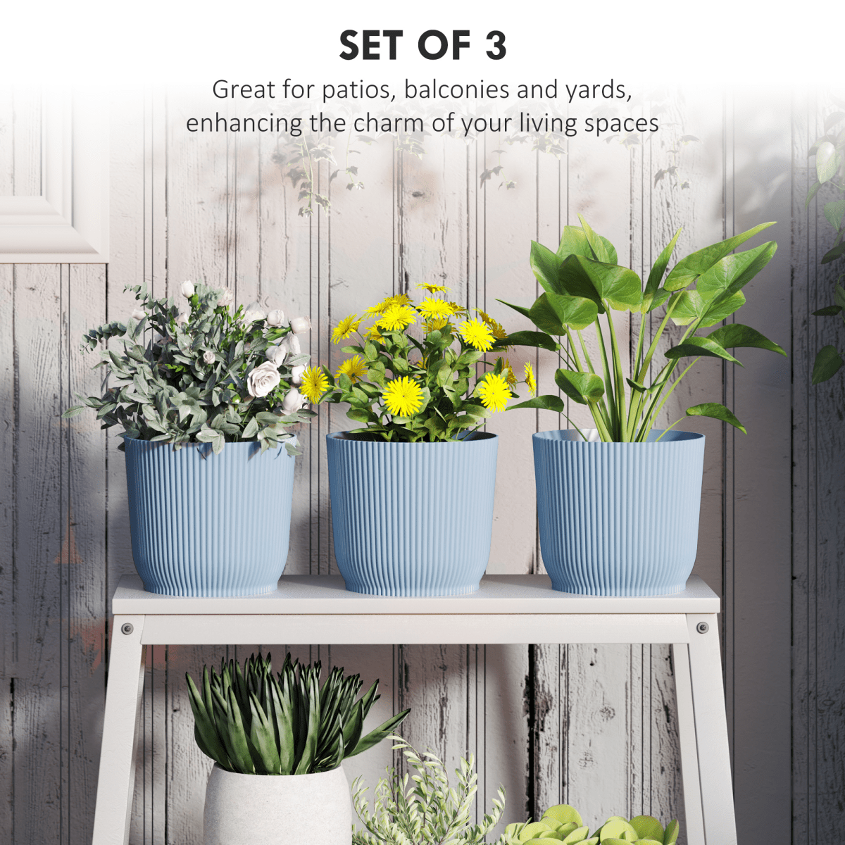 Outsunny Set of 3 Round Plant Pots Outdoor 22cm for Garden Decoration, Blue - plants - express.com
