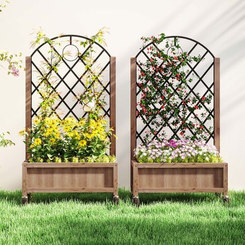 Outsunny Wooden Raised Garden Bed with Mobile Planter & Trellis for Easy Gardening - plants - express.com