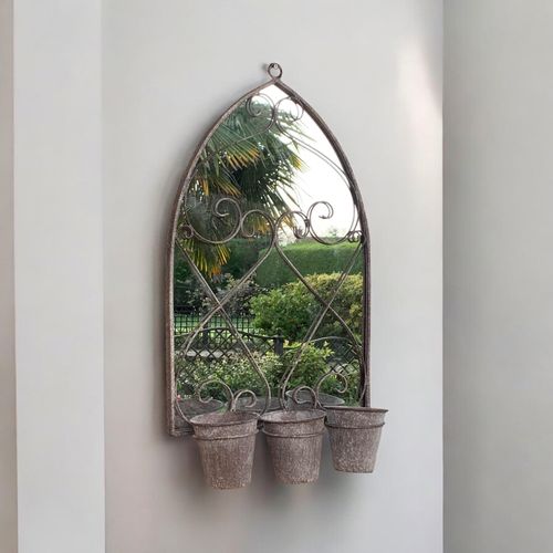 Rustic 73CM Wall Mirror with Triple Planter Holders - Antique Metal Elegance - plants - express.com