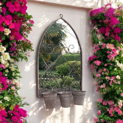 Rustic 73CM Wall Mirror with Triple Planter Holders - Antique Metal Elegance - plants - express.com
