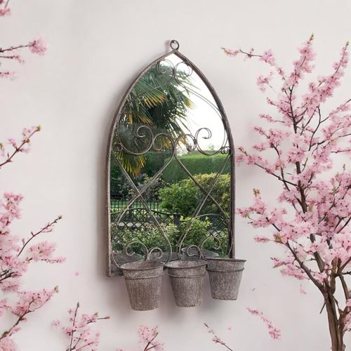 Rustic 73CM Wall Mirror with Triple Planter Holders - Antique Metal Elegance - plants - express.com