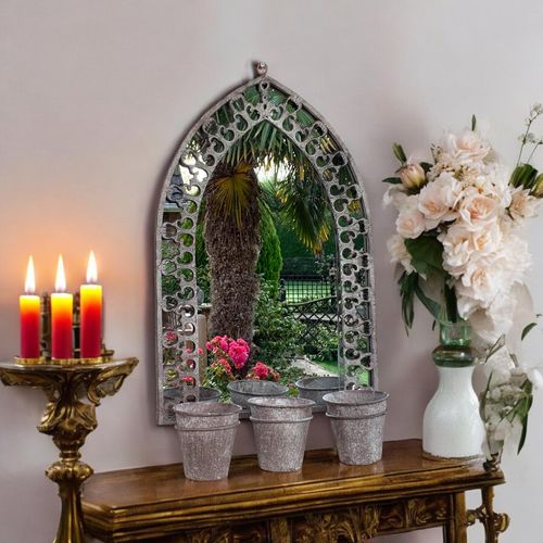Rustic 78CM Wall Mirror with Triple Planter Holders - Antique Metal Elegance - plants - express.com