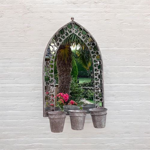 Rustic 78CM Wall Mirror with Triple Planter Holders - Antique Metal Elegance - plants - express.com
