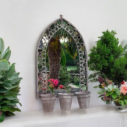 Rustic 78CM Wall Mirror with Triple Planter Holders - Antique Metal Elegance - plants - express.com