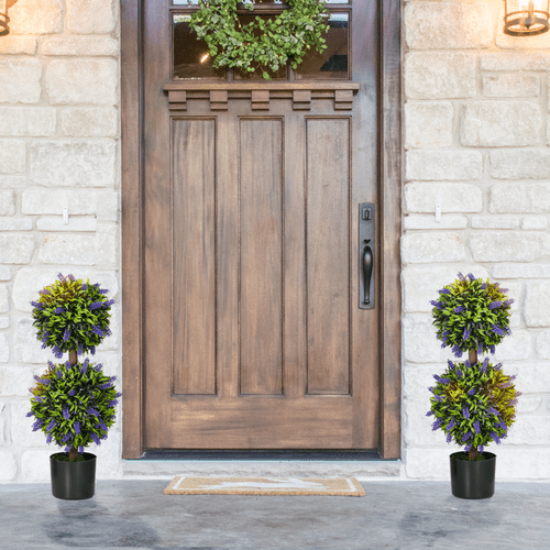 Set of 2 HOMCOM Faux Lavender Ball Trees in Cement Pots - Effortless Elegance! - plants - express.com