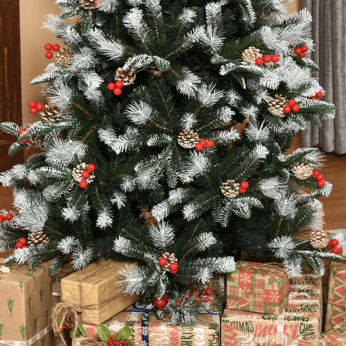 Snowy Elegance: 6FT Foldable Artificial Christmas Tree with Berries & Pinecones - plants - express.com
