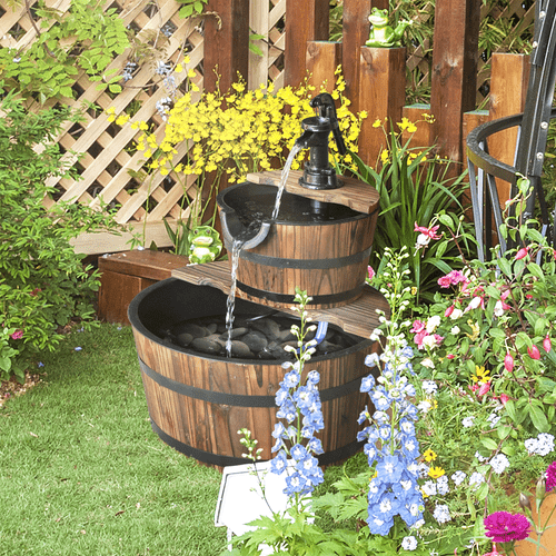 Tranquil 2 - Tier Wooden Water Pump Fountain - Fir Wood & Steel Elegance - plants - express.com