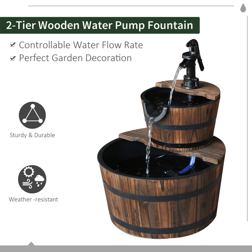 Tranquil 2 - Tier Wooden Water Pump Fountain - Fir Wood & Steel Elegance - plants - express.com