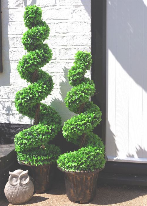 90cm Pair of Green Large Leaf Spiral Topiary Trees with Decorative Planters