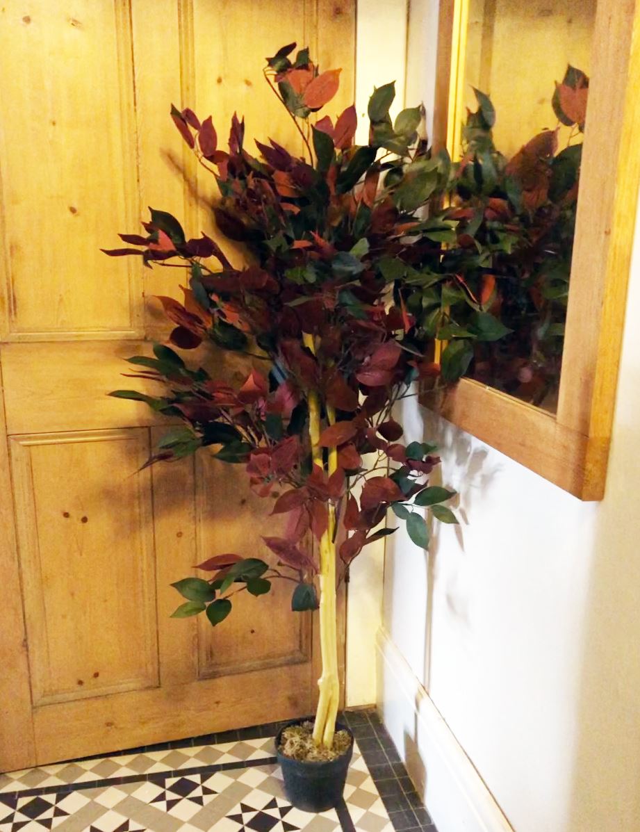 Vibrant 4ft Artificial Ficus Tree in Gold Planter - Lifelike Red & Green Foliage - plants - express.com