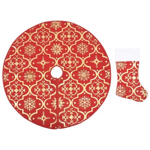 vidaXL Festive Red Christmas Tree Skirt & Sock | Snow Pattern, 90cm - plants - express.com