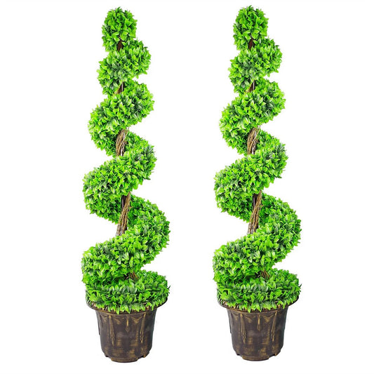 120cm Pair of Green Large Leaf Spiral Topiary Trees with Decorative Planters - plants - express.com