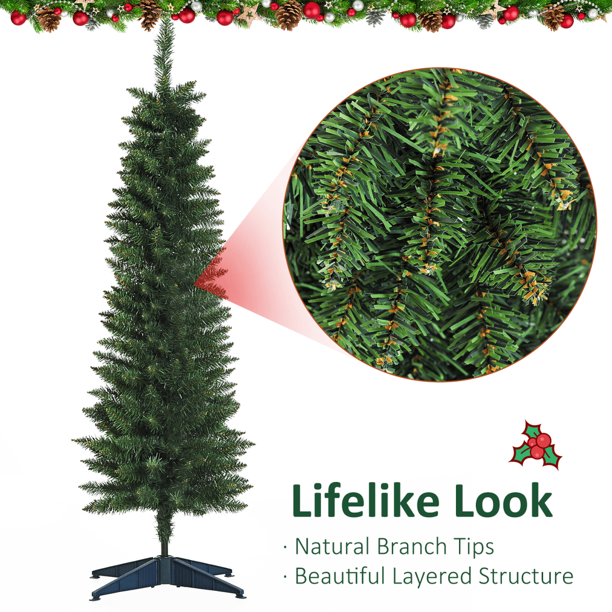1.5m 5ft Artificial Pine Pencil Slim Christmas Tree 294 Branch Tips with Stand - plants - express.com