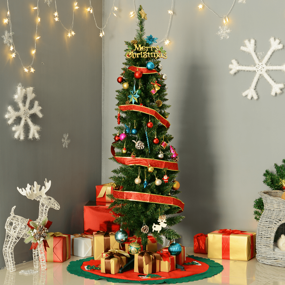 1.5m 5ft Artificial Pine Pencil Slim Christmas Tree 294 Branch Tips with Stand - plants - express.com