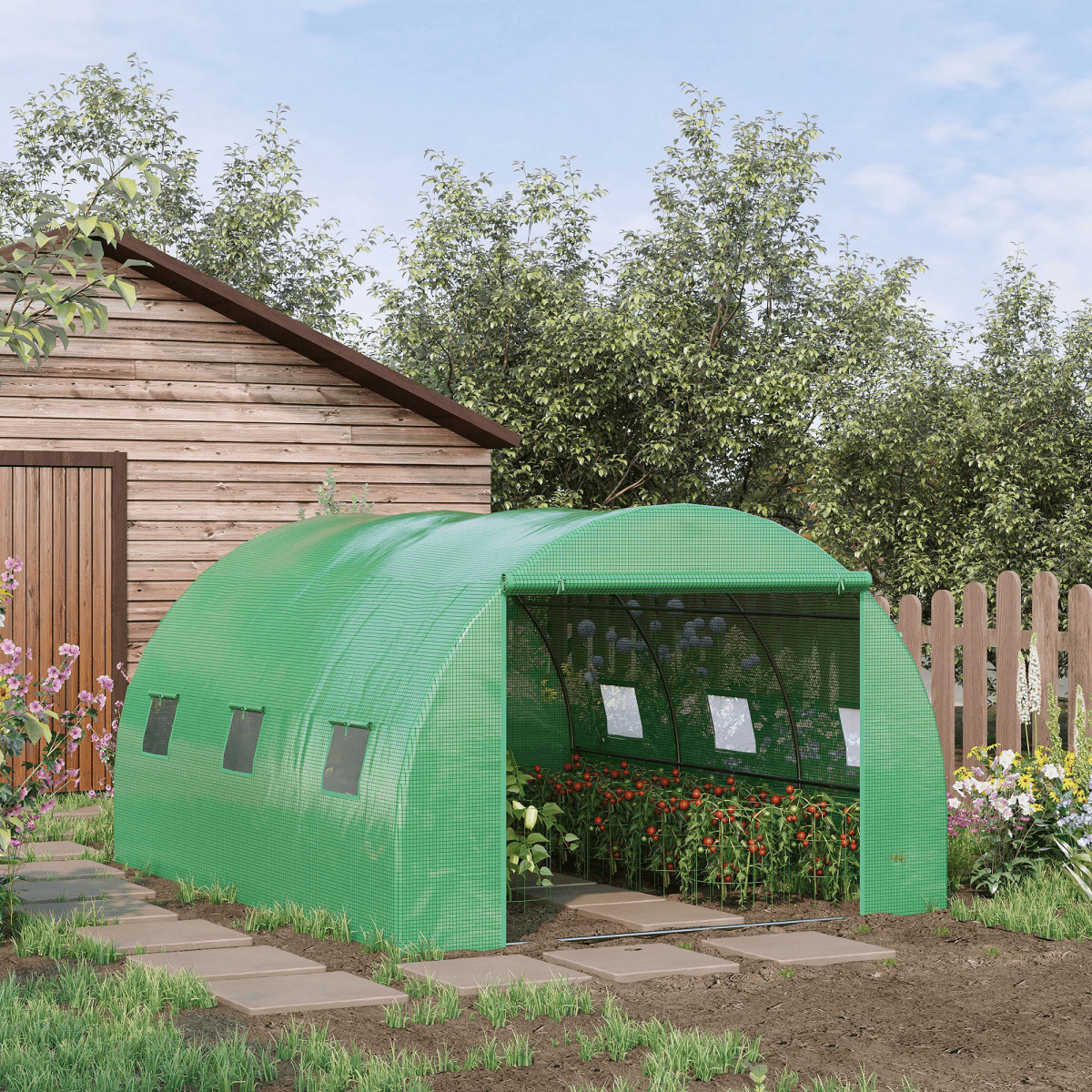 4x3x2m Tunnel Greenhouse Walk - In Hot House Roll Up Door & 6 Windows - Green - plants - express.com