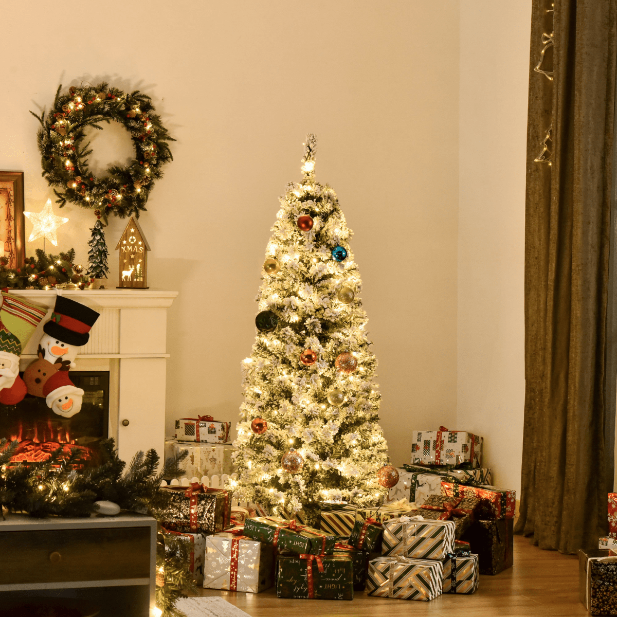 5 Feet Prelit Artificial Snow Flocked Christmas Tree Warm LED Light Green White - plants - express.com