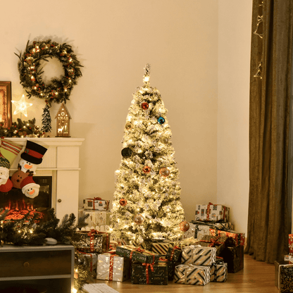 5 Feet Prelit Artificial Snow Flocked Christmas Tree Warm LED Light Green White - plants - express.com