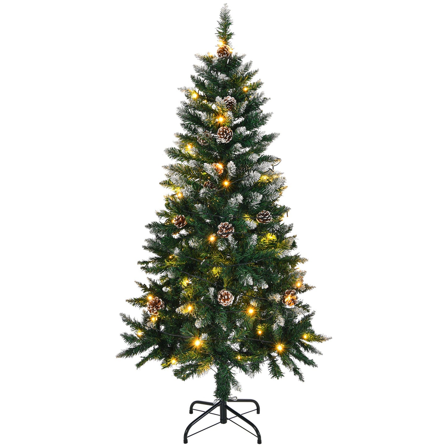 5 FT Artificial Snow Tipped Christmas Tree with DIY 100 Warm Lights Battery Operated, 21 Pine Cones, 800 Branch Tips and Sturdy Metal Stand, Green & Snow Tipped - plants - express.com