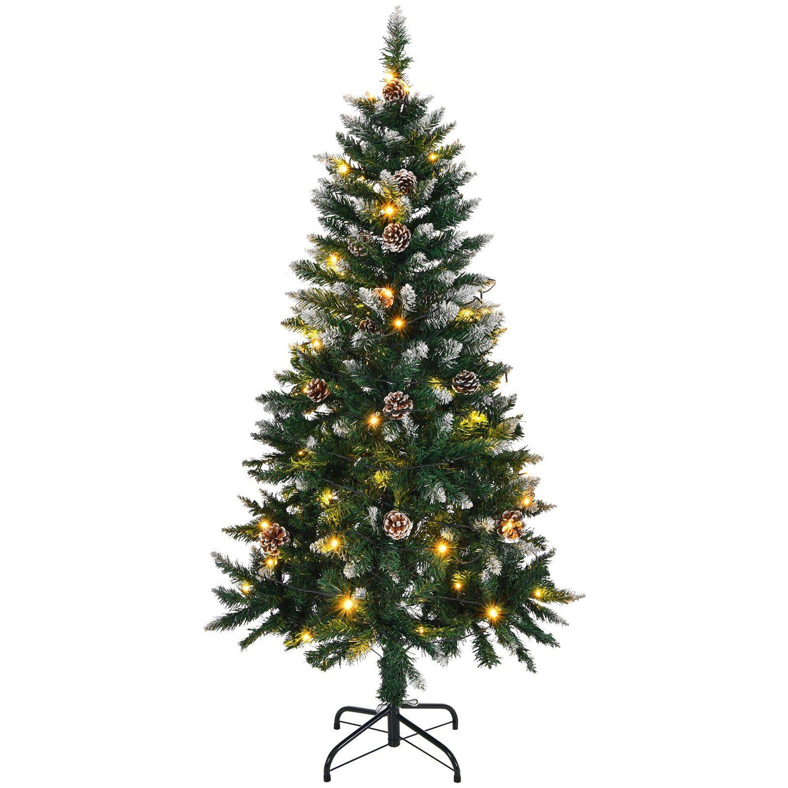 5 FT Artificial Snow Tipped Christmas Tree with DIY 100 Warm Lights Battery Operated, 21 Pine Cones, 800 Branch Tips and Sturdy Metal Stand, Green & Snow Tipped - plants - express.com