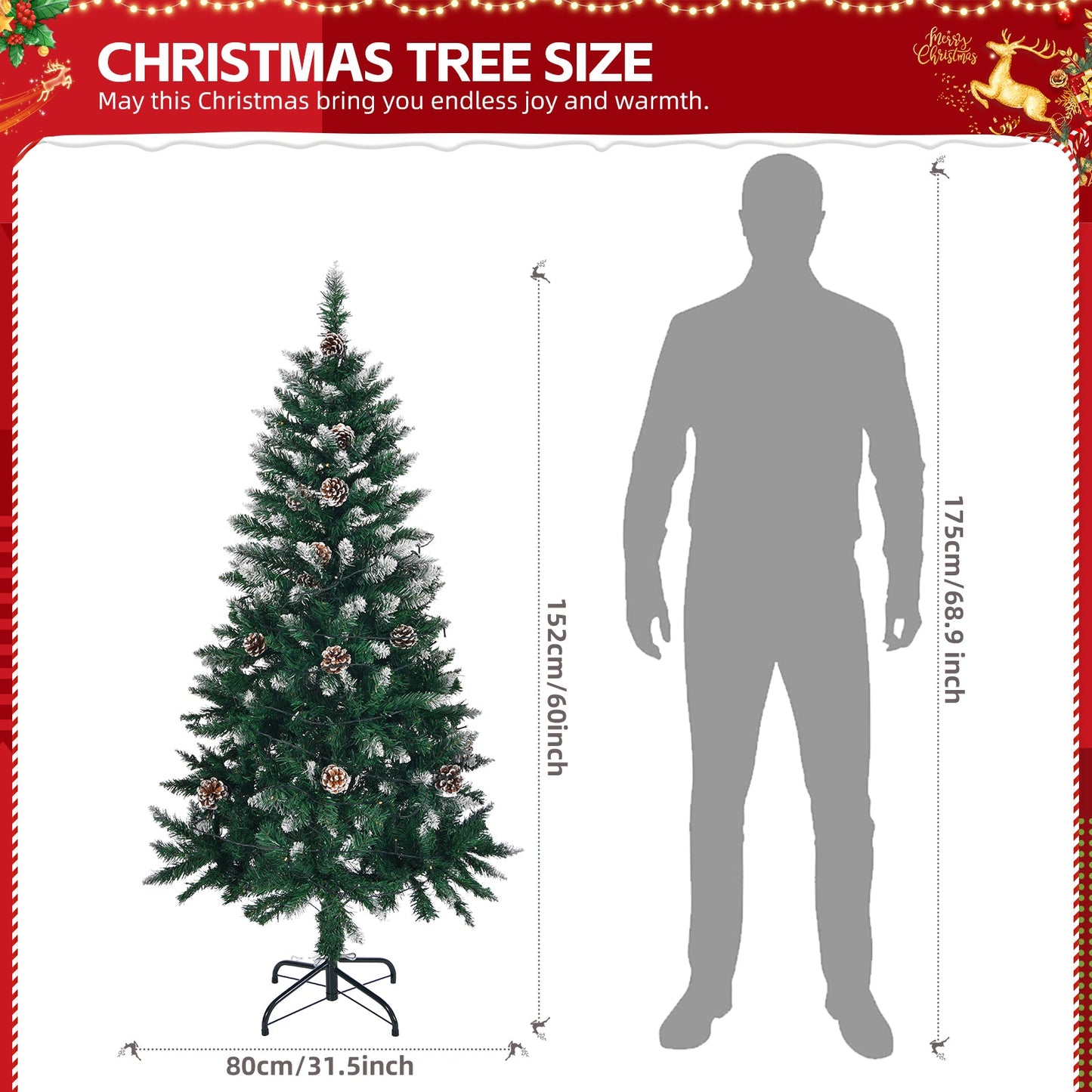 5 FT Artificial Snow Tipped Christmas Tree with DIY 100 Warm Lights Battery Operated, 21 Pine Cones, 800 Branch Tips and Sturdy Metal Stand, Green & Snow Tipped - plants - express.com