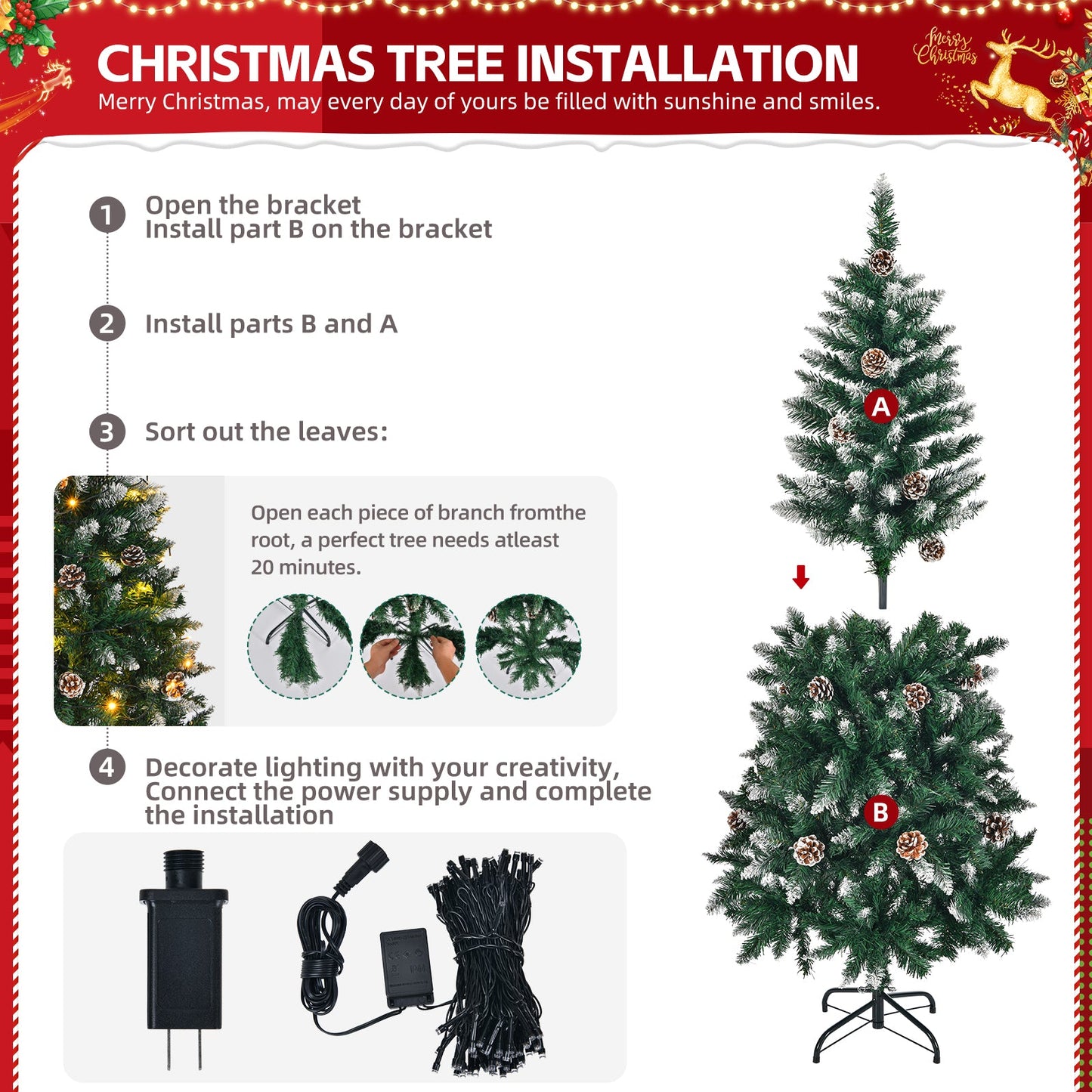 5 FT Artificial Snow Tipped Christmas Tree with DIY 100 Warm Lights Battery Operated, 21 Pine Cones, 800 Branch Tips and Sturdy Metal Stand, Green & Snow Tipped - plants - express.com