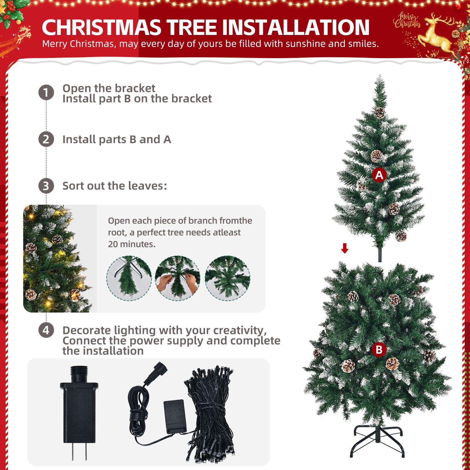 5 FT Artificial Snow Tipped Christmas Tree with DIY 100 Warm Lights Battery Operated, 21 Pine Cones, 800 Branch Tips and Sturdy Metal Stand, Green & Snow Tipped - plants - express.com