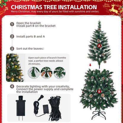 5 FT Artificial Snow Tipped Christmas Tree with DIY 100 Warm Lights Battery Operated, 21 Pine Cones, 800 Branch Tips and Sturdy Metal Stand, Green & Snow Tipped - plants - express.com