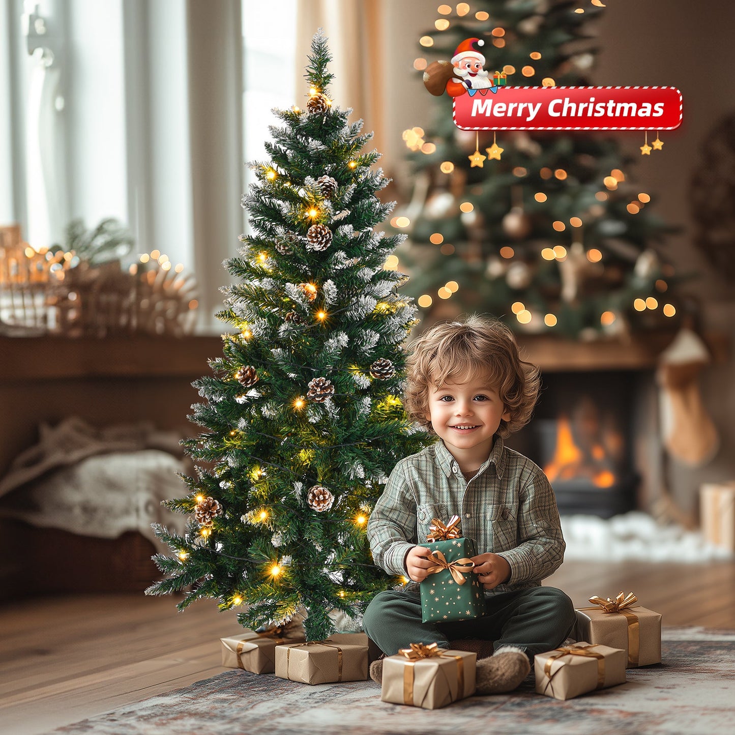 5 FT Artificial Snow Tipped Christmas Tree with DIY 100 Warm Lights Battery Operated, 21 Pine Cones, 800 Branch Tips and Sturdy Metal Stand, Green & Snow Tipped - plants - express.com