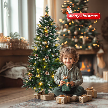 5 FT Artificial Snow Tipped Christmas Tree with DIY 100 Warm Lights Battery Operated, 21 Pine Cones, 800 Branch Tips and Sturdy Metal Stand, Green & Snow Tipped - plants - express.com