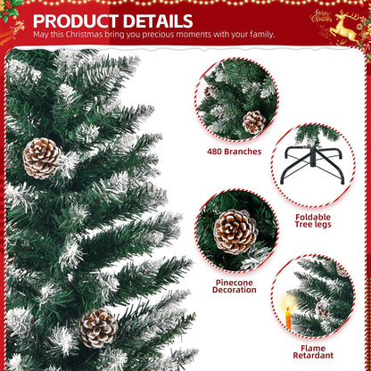 5 FT Artificial Snow Tipped Christmas Tree with DIY 100 Warm Lights Battery Operated, 21 Pine Cones, 800 Branch Tips and Sturdy Metal Stand, Green & Snow Tipped - plants - express.com