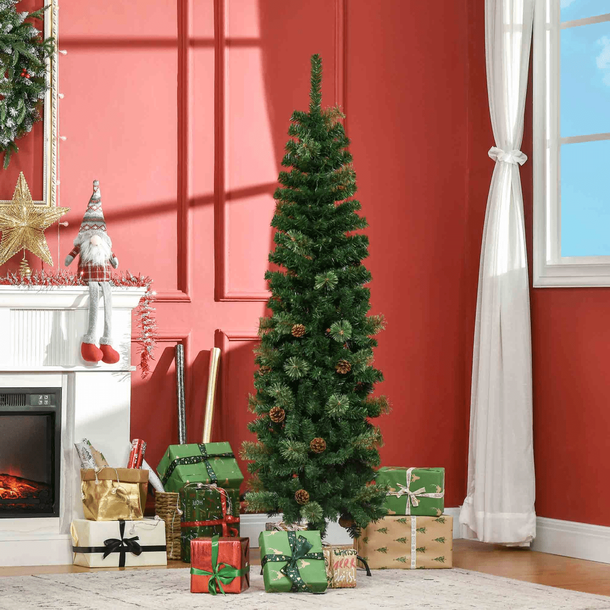 5.5FT Artificial Slim Christmas Tree Holiday Home Decor with Pine Cones HOMCOM - plants - express.com