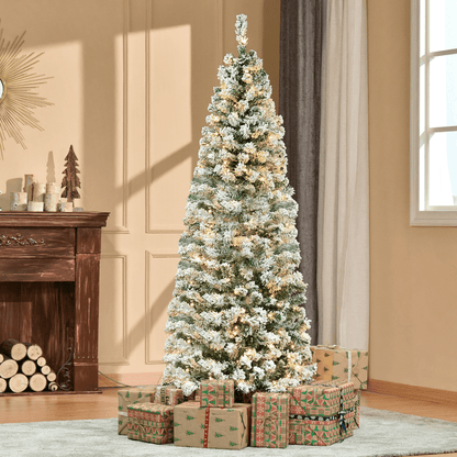 6 Feet Prelit Artificial Snow Flocked Christmas Tree Warm LED Light Green White - plants - express.com